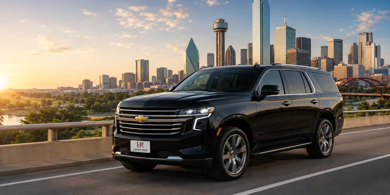 Luxury black Chevrolet Suburban with the official Lavish Ride logo on the front license plate driving through downtown Dallas at sunset, showcasing premium executive transportation with a modern city skyline in the background.